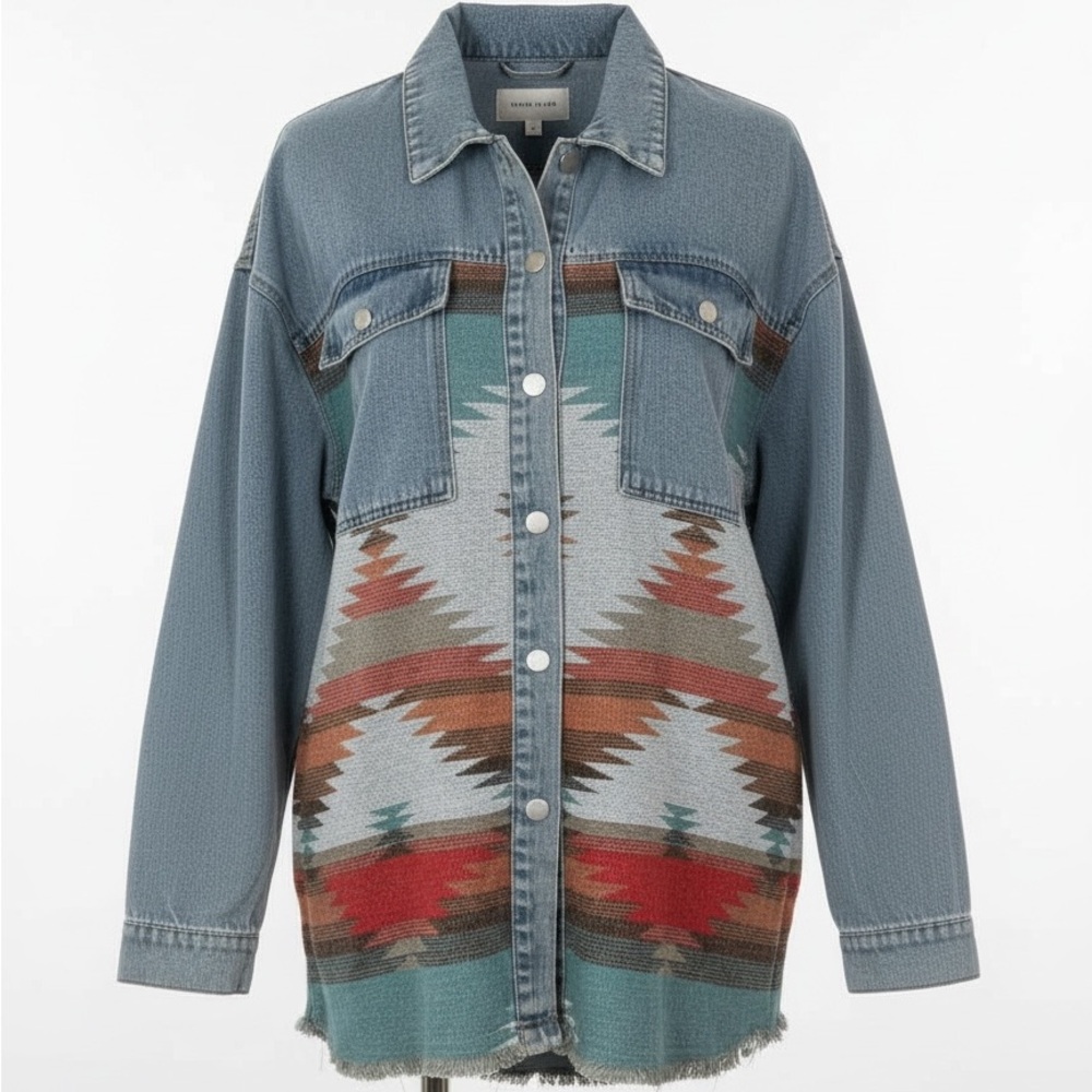 NWT Lumister Women L Blue Denim Aztec Western Jacket Colorful Western Boho